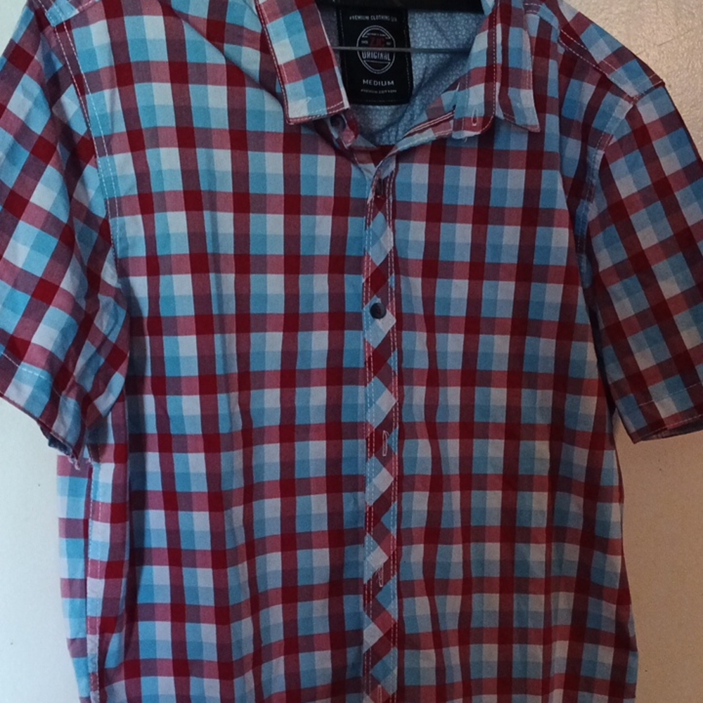 Red and Blue Casual Button Down Shirt with Gingham Check